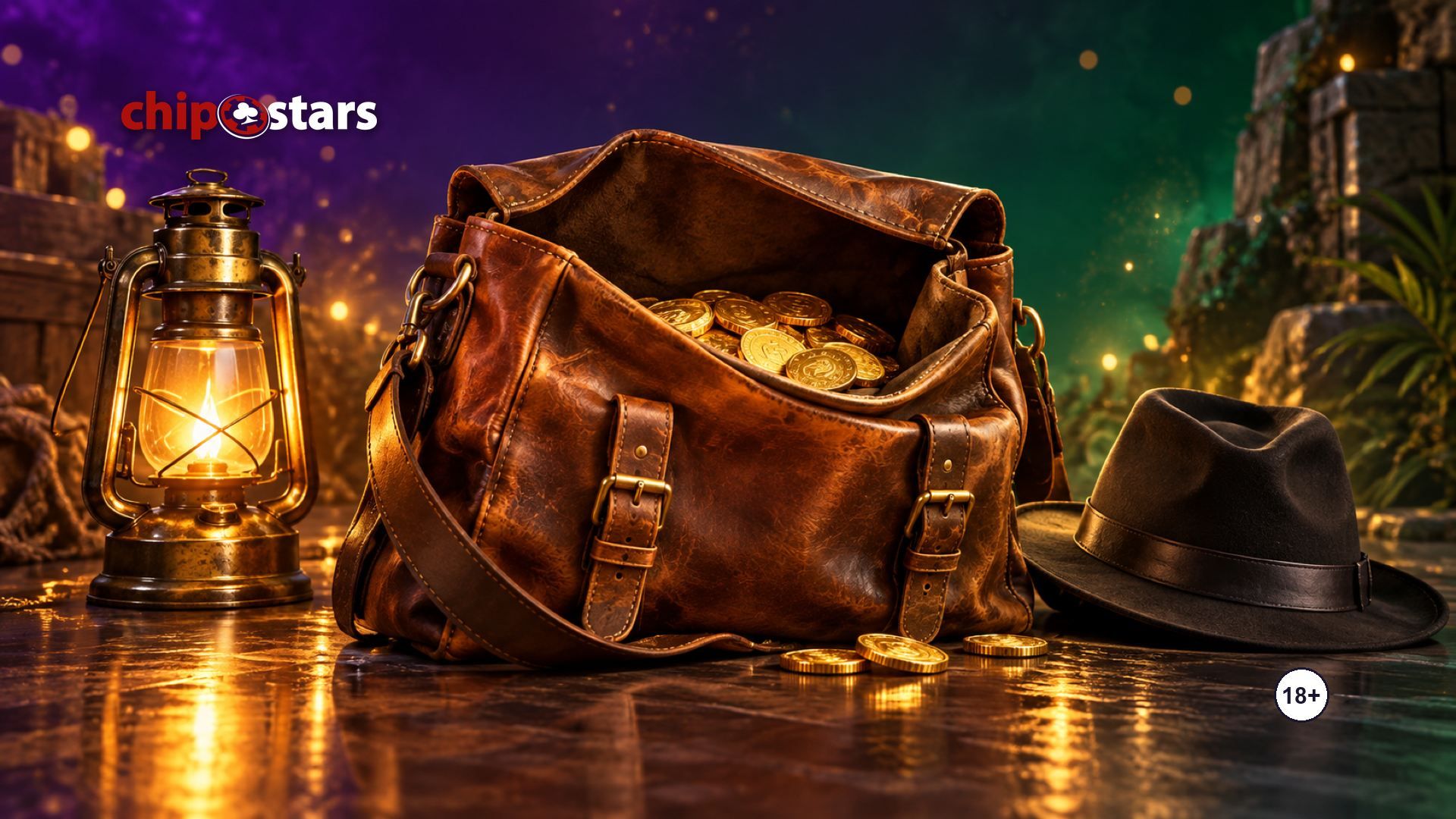 Leather satchel with gold coins, a lantern and a fedora: Le Bandit slot review at Chipstars